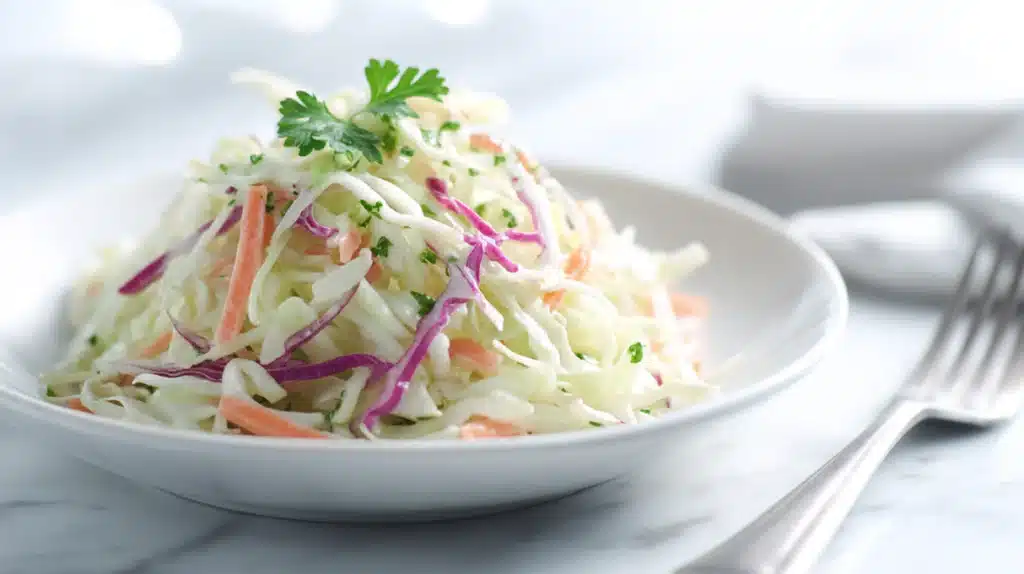 Creamy coleslaw made with shredded cabbage and carrots in a tangy dressing