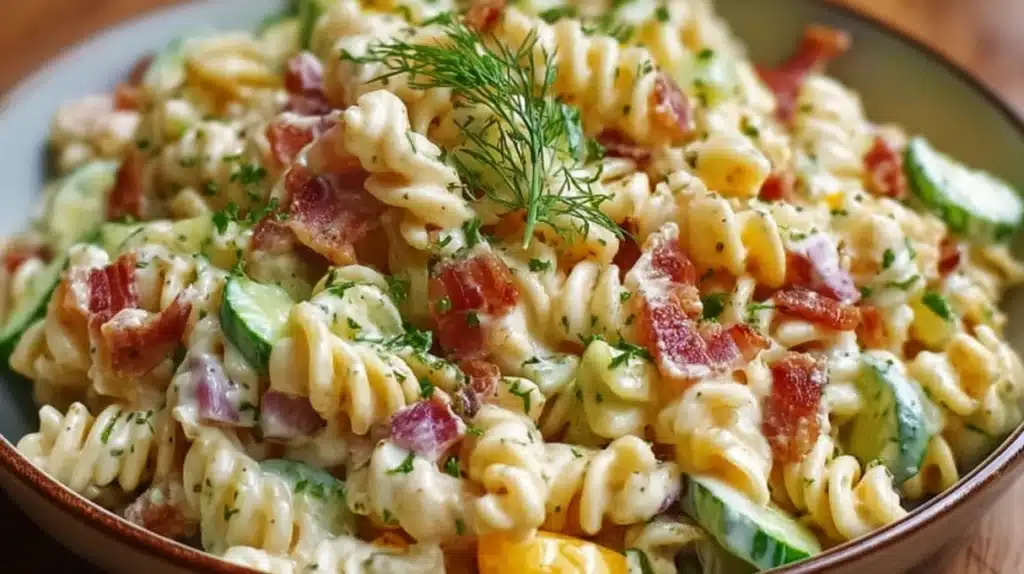 Dill Pickle Bacon Pasta Salad with pasta, crispy bacon, chopped dill pickles, and creamy dressing.
