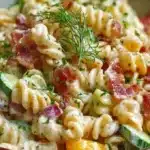 Dill Pickle Bacon Pasta Salad 6 Dill Pickle Bacon Pasta Salad with pasta, crispy bacon, chopped dill pickles, and creamy dressing.