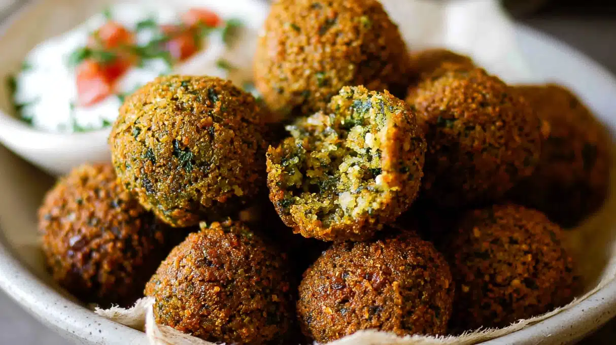Easy Falafel Recipe 4 Crispy golden falafel balls made from chickpeas, herbs, and spices, served with fresh vegetables and tahini sauce