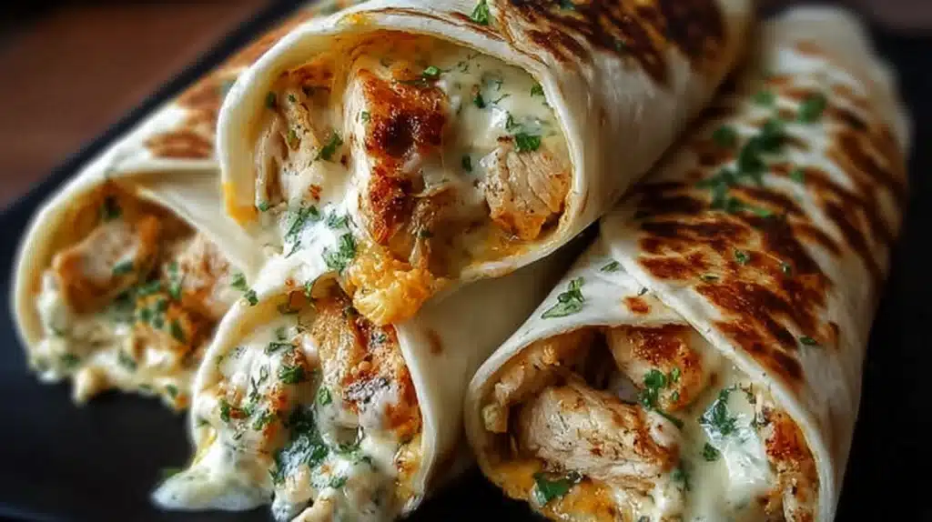 Garlic chicken wraps filled with juicy seasoned chicken, lettuce, and creamy garlic sauce