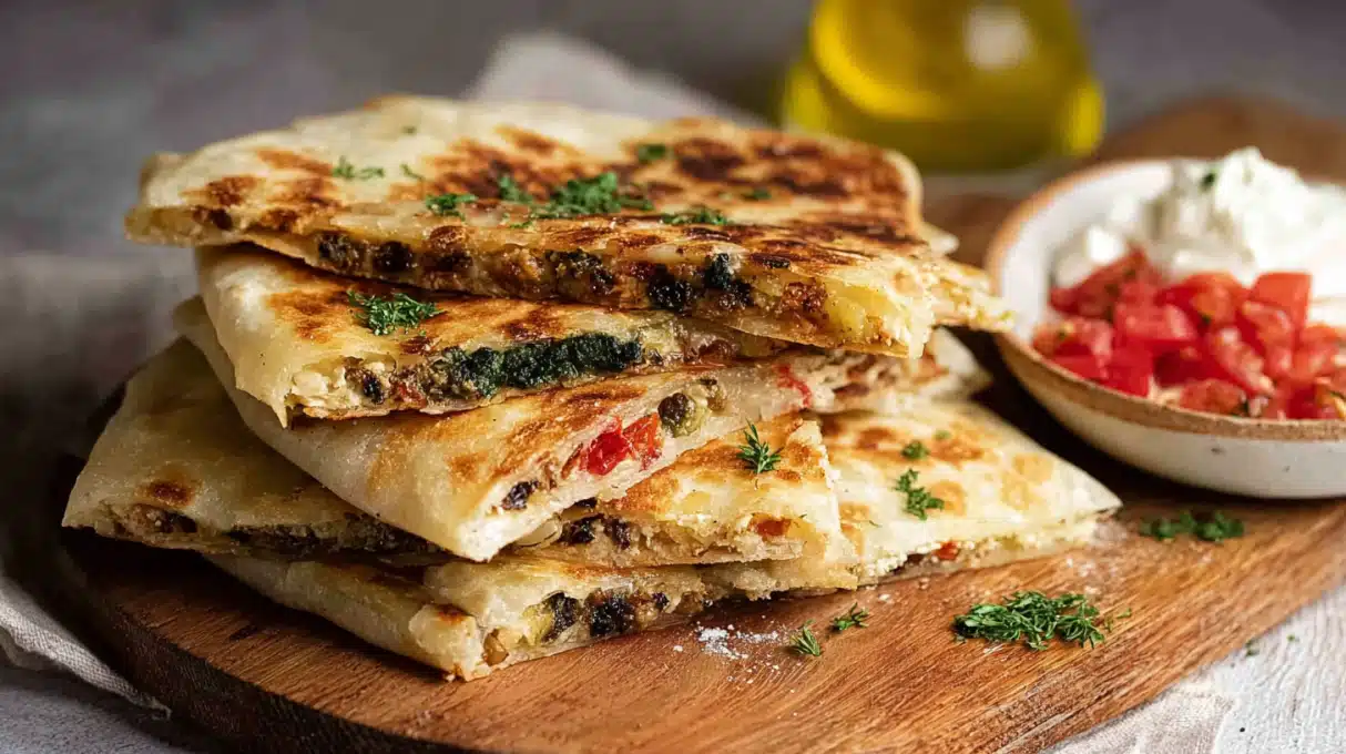 Gozleme (Traditional Turkish Recipe) 4 Traditional Turkish gozleme flatbread filled with cheese and spinach, cooked on a griddle until golden and crispy