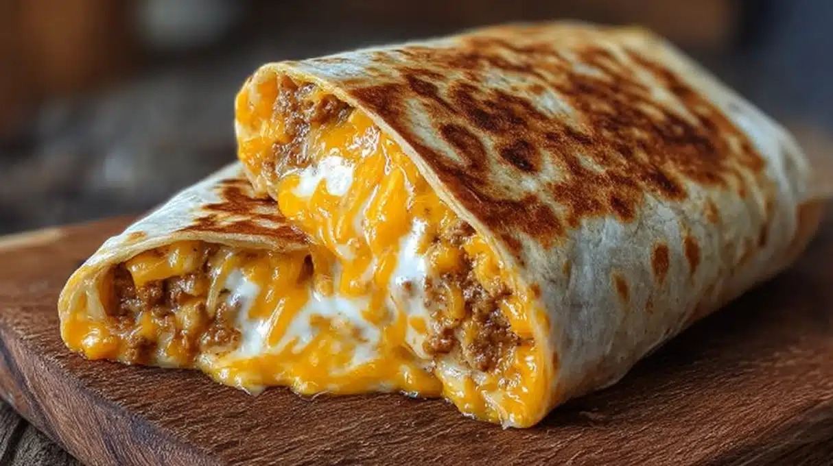Grilled Cheese Burrito 4 Grilled cheese burrito filled with seasoned beef, rice, melted cheese, and creamy sauce wrapped in a crispy toasted tortilla