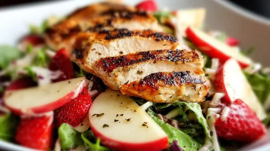 Grilled chicken salad with fresh strawberries, apple slices, mixed greens, and a light vinaigrette in a bowl.
