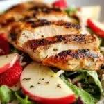 Grilled Chicken Salad with Strawberries and Apples 6 Grilled chicken salad with fresh strawberries, apple slices, mixed greens, and a light vinaigrette in a bowl.