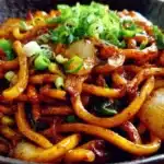 Grilled udon noodles stir-fried with vegetables and savory sauce, slightly charred and garnished with green onions.