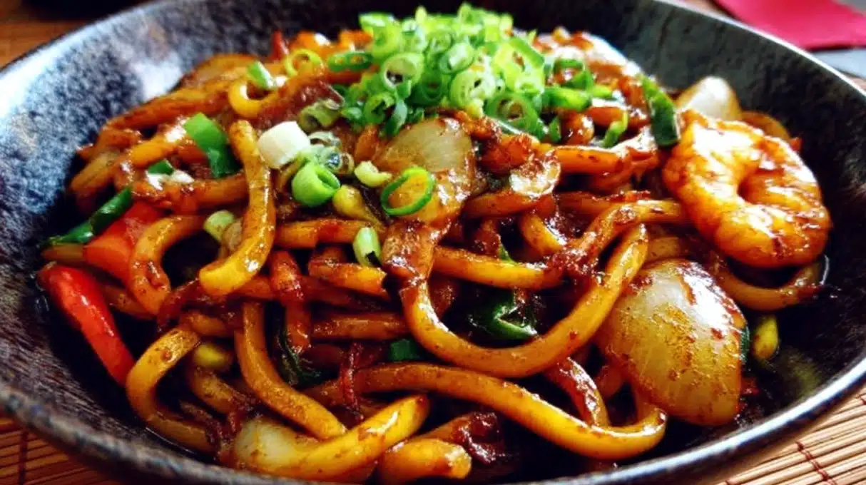 Grilled udon noodles stir-fried with vegetables and savory sauce, slightly charred and garnished with green onions.