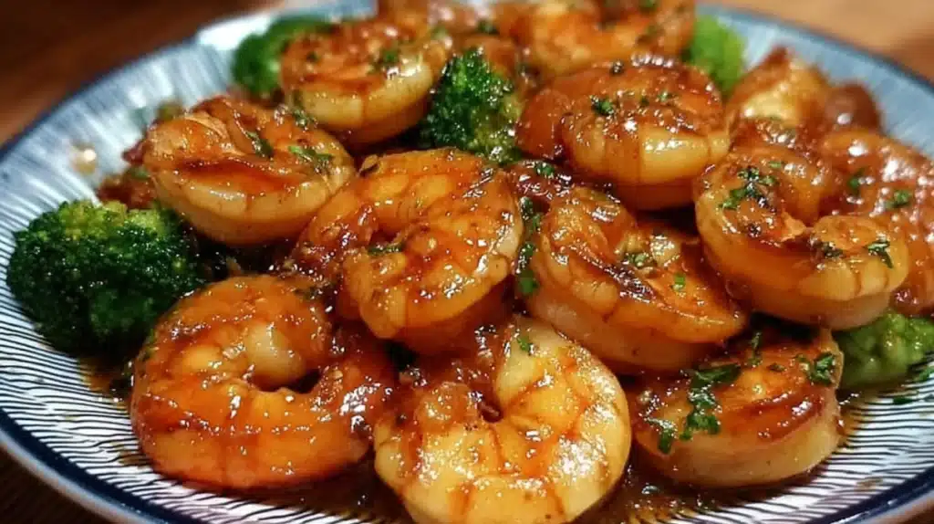 Tender Honey Garlic Shrimp, topped with sesame seeds and chopped green onions.