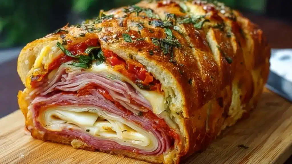 Italian Picnic Sandwich Loaf filled with layers of deli meats, cheese, lettuce, and vegetables inside a round bread loaf.