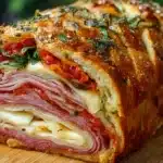 The Best Italian Picnic Sandwich Loaf 6 Italian Picnic Sandwich Loaf filled with layers of deli meats, cheese, lettuce, and vegetables inside a round bread loaf.