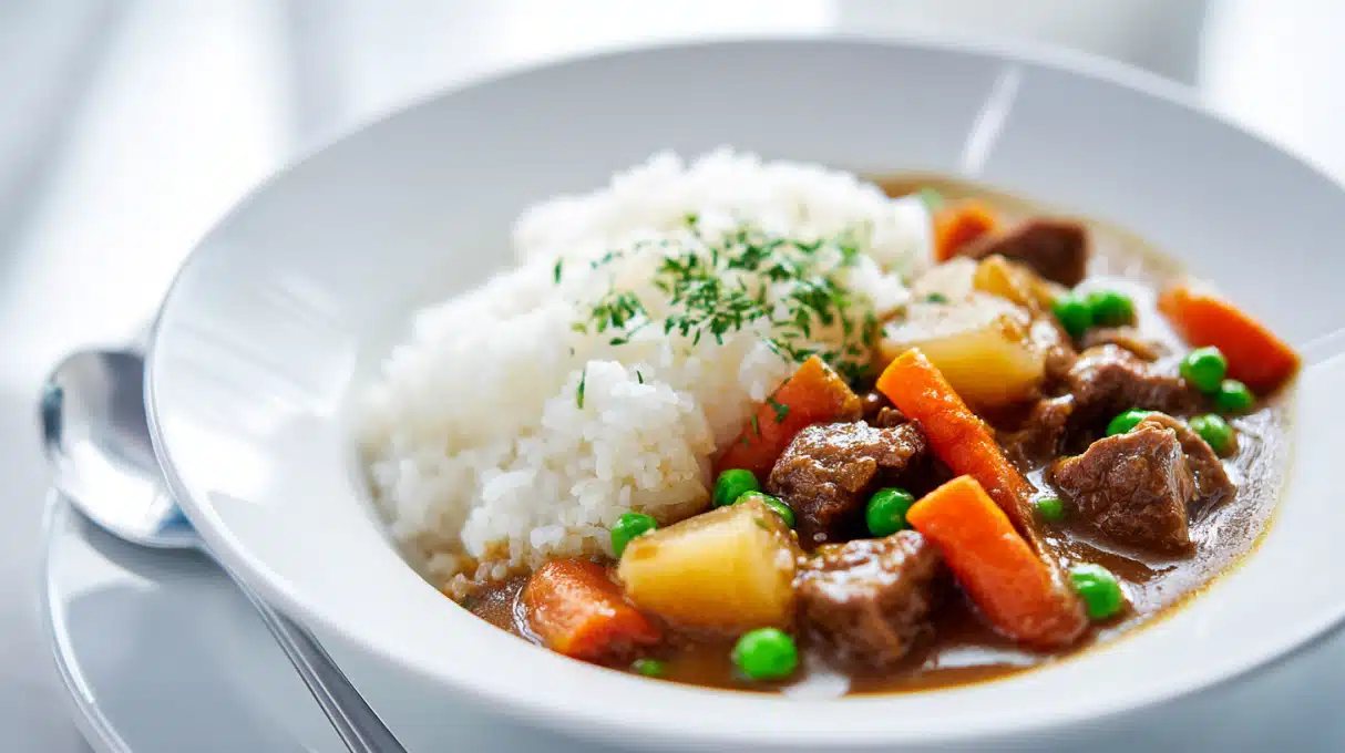 Rich Japanese beef curry served over fluffy white rice with tender beef chunks, carrots, and potatoes in a thick savory sauce