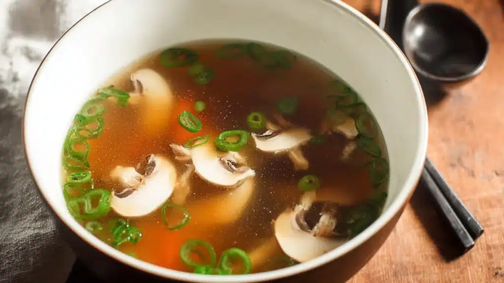 Japanese clear soup with mushrooms, carrots, and green onions in a light, golden broth, served in a traditional bowl.