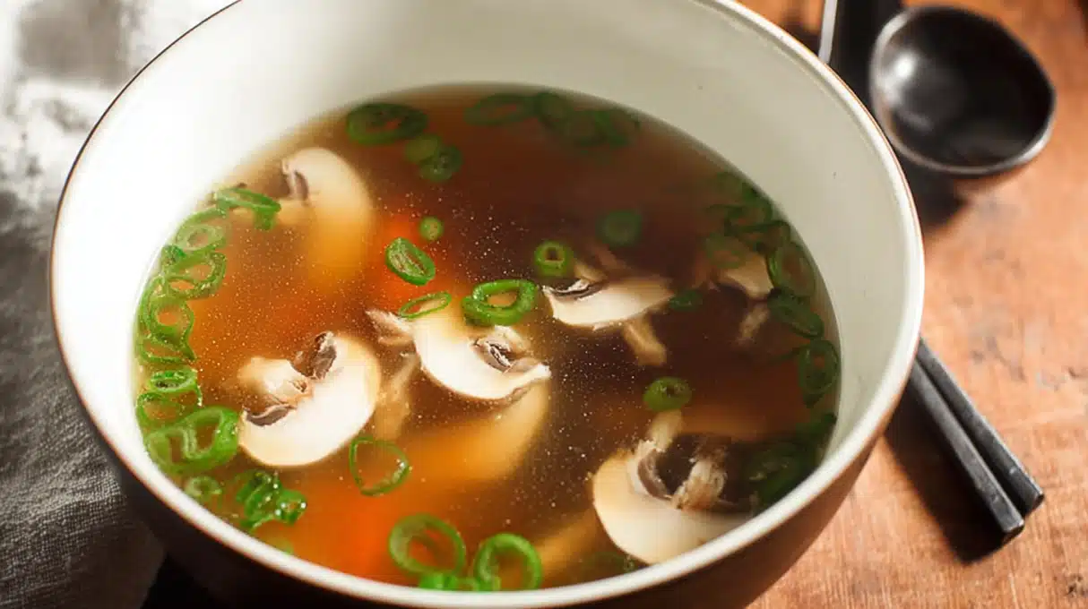Japanese Clear Soup 4 Japanese clear soup with mushrooms, carrots, and green onions in a light, golden broth, served in a traditional bowl.