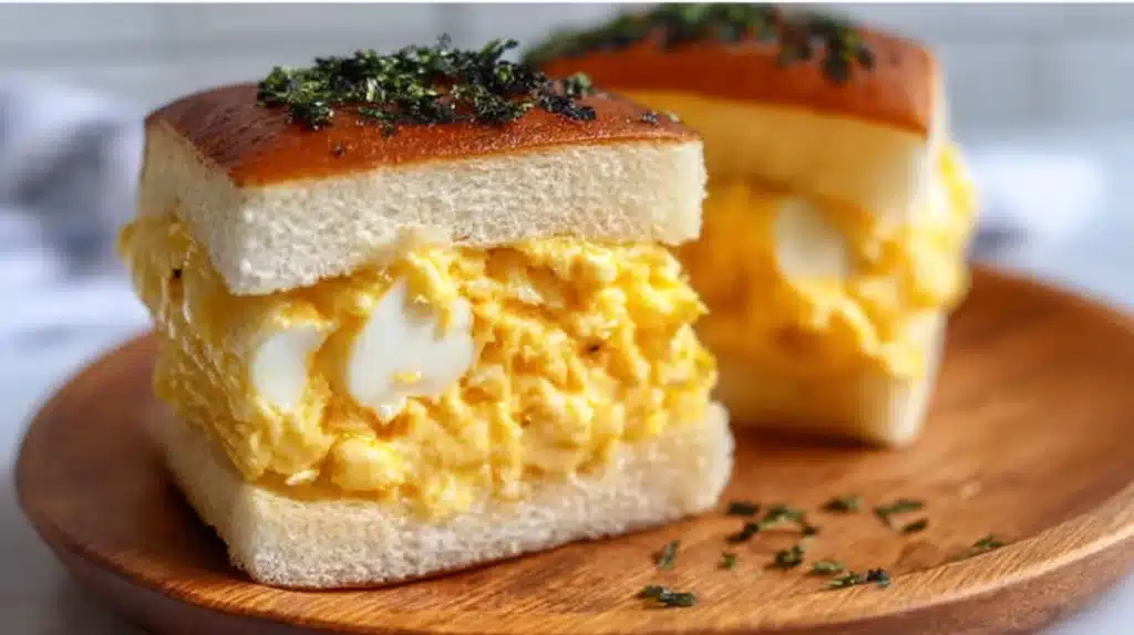 Japanese egg sandwich with creamy egg salad filling between soft, fluffy white bread, crusts removed, cut in halves.