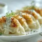 Easy Japanese Gyoza (Dumplings) 6 Golden pan-fried Japanese gyoza dumplings filled with juicy pork and cabbage, served crispy with dipping sauce