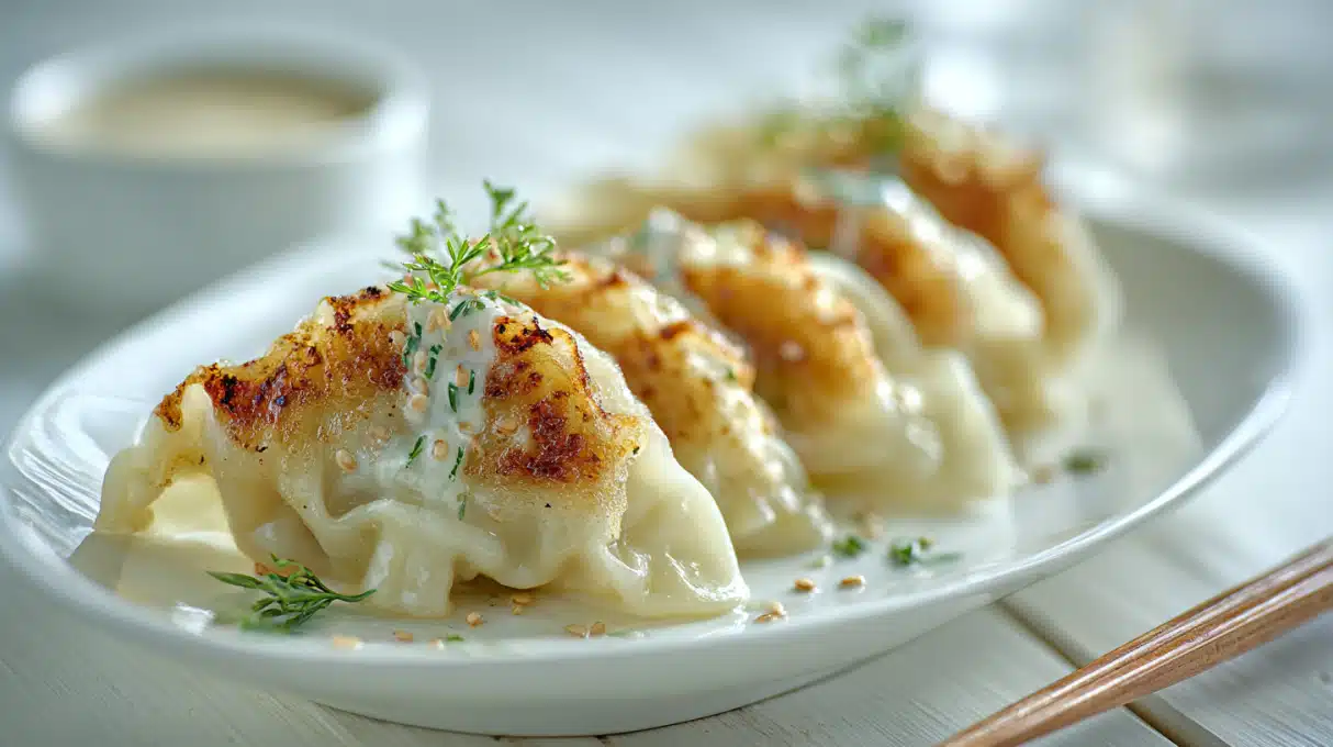 Golden pan-fried Japanese gyoza dumplings filled with juicy pork and cabbage, served crispy with dipping sauce