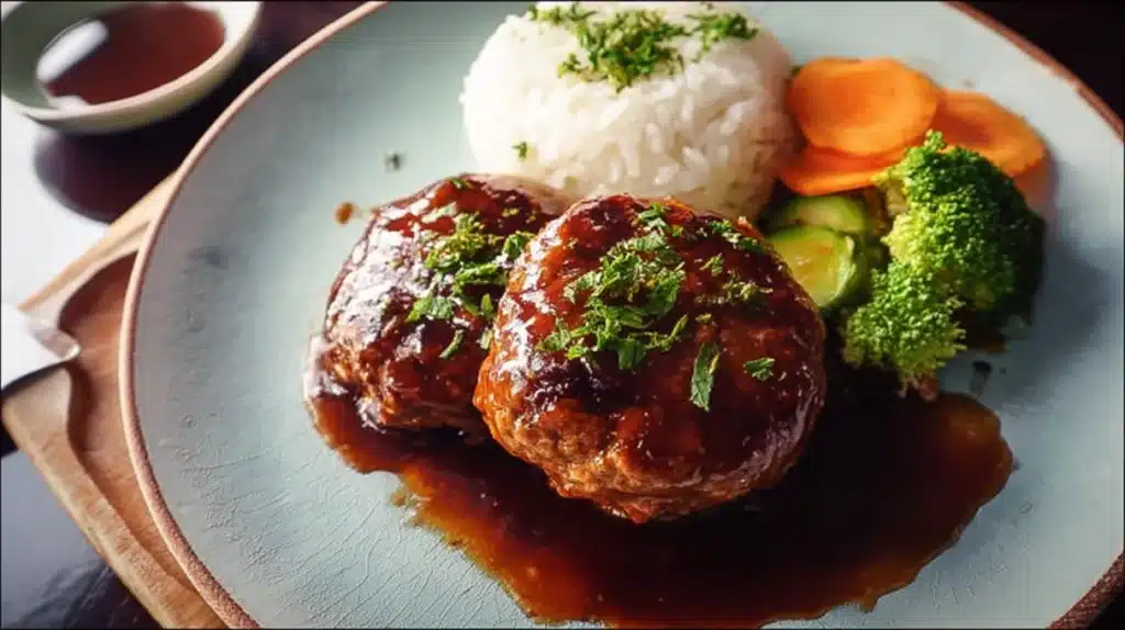 Japanese Hamburg steak served with rich brown gravy, tender juicy beef patty, and a side of vegetables on a plate.