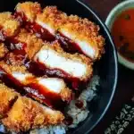 Vibrant Japanese Katsu Bowl with crispy golden pork cutlet, shredded cabbage, and tonkatsu sauce over fluffy rice, topped with sesame seeds.