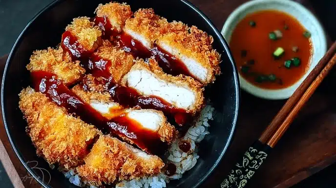 Vibrant Japanese Katsu Bowl with crispy golden pork cutlet, shredded cabbage, and tonkatsu sauce over fluffy rice, topped with sesame seeds.