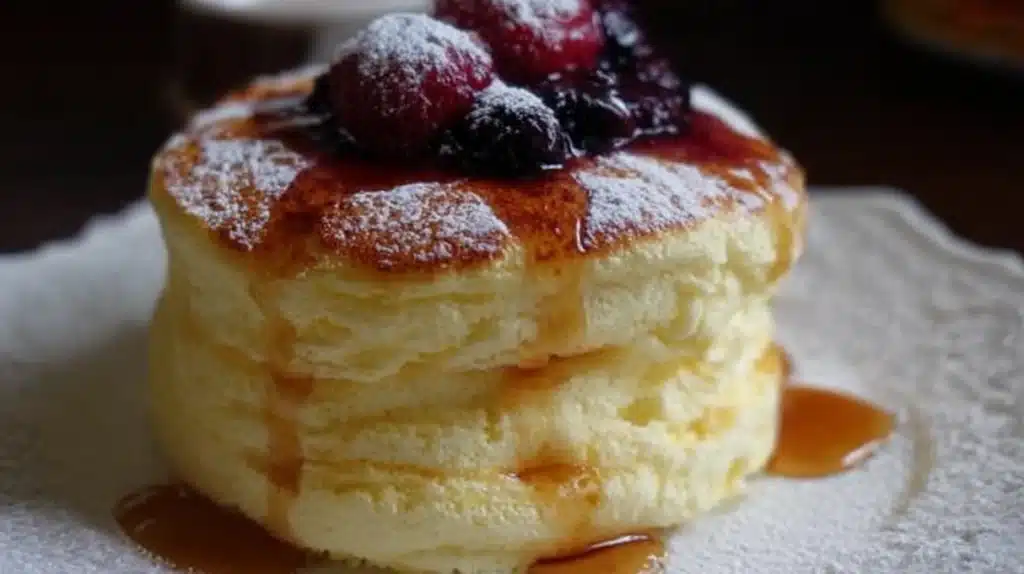 Japanese soufflé pancakes tall and fluffy, dusted with powdered sugar and topped with syrup and butter on a plate.