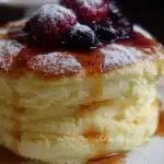 Japanese soufflé pancakes tall and fluffy, dusted with powdered sugar and topped with syrup and butter on a plate.