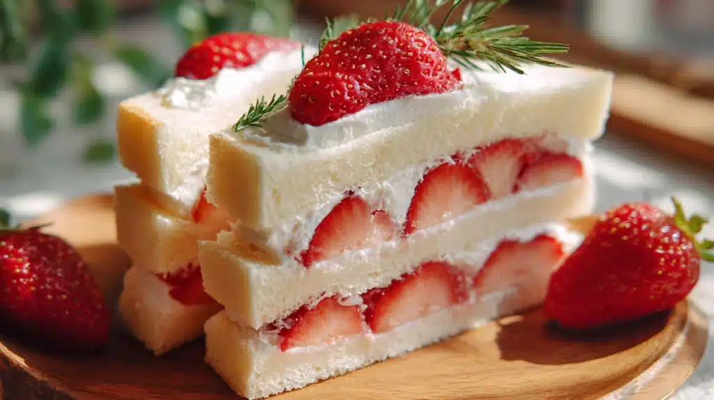 Japanese strawberry sando with fresh strawberries and whipped cream between soft white milk bread, cut to reveal a neat cross-section.