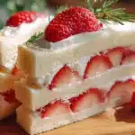 Japanese Strawberry Sando 6 Japanese strawberry sando with fresh strawberries and whipped cream between soft white milk bread, cut to reveal a neat cross-section.