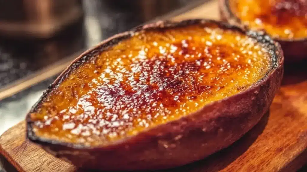 Japanese sweet potato crème brûlée with a caramelized sugar crust, creamy purple filling, and a glossy crackled top in a ceramic ramekin.