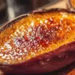 Japanese Sweet Potato Crème Brûlée 6 Japanese sweet potato crème brûlée with a caramelized sugar crust, creamy purple filling, and a glossy crackled top in a ceramic ramekin.