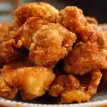 Crispy golden Karaage chicken pieces marinated in soy-ginger sauce, served on a bed of shredded cabbage with lemon wedges.