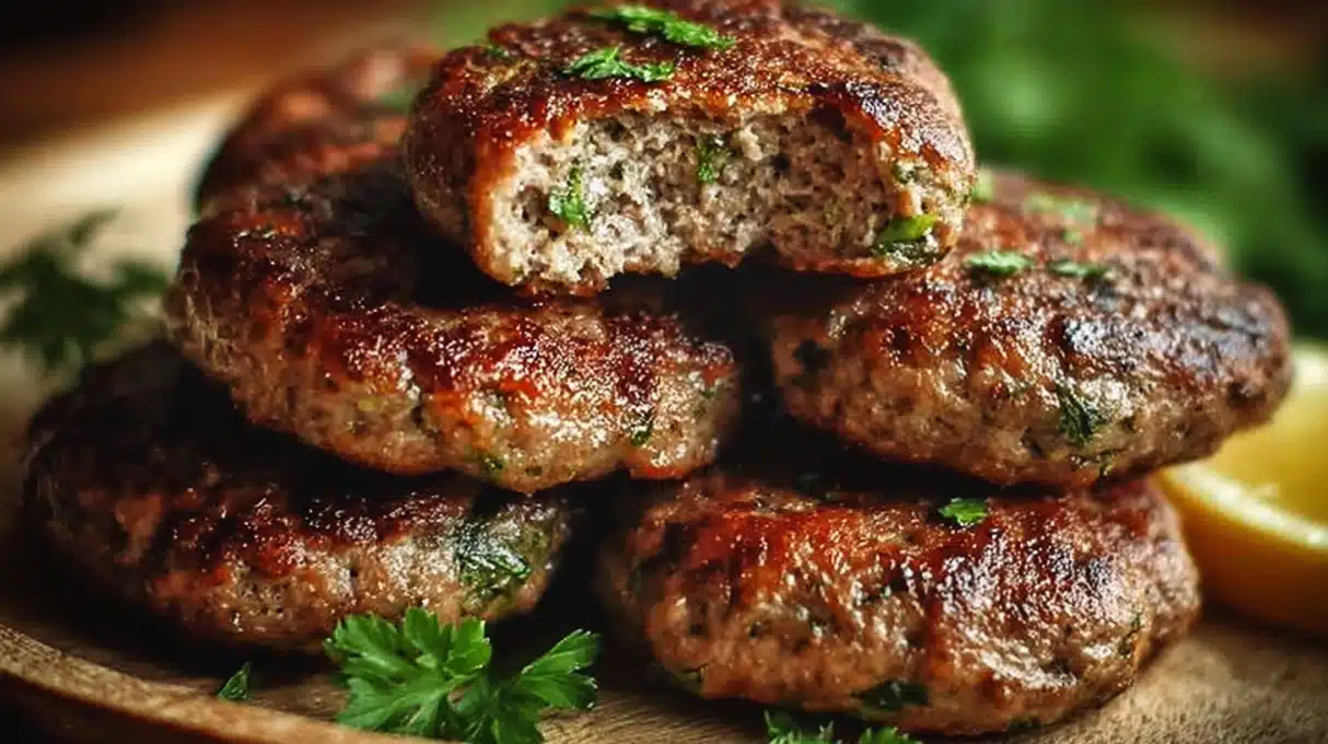 Authentic Lebanese Kafta 4 Grilled Lebanese kafta skewers made with seasoned ground beef and parsley, served with flatbread and fresh vegetables