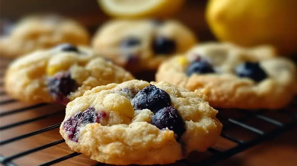 Soft lemon blueberry cookies with fresh blueberries and a light lemon glaze, homemade fruity cookies with a bright citrus flavor.