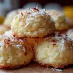 Lemon coconut cheesecake cookies soft and topped with coconut flakes