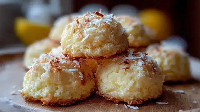 Lemon coconut cheesecake cookies soft and topped with coconut flakes