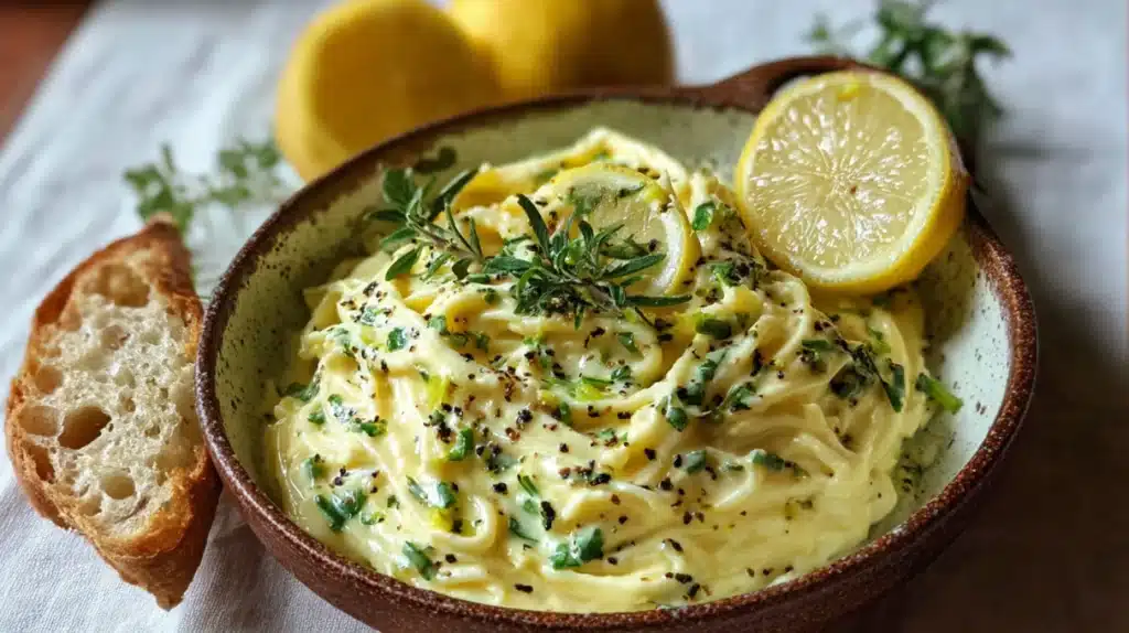 Creamy lemon garlic pasta with spaghetti, fresh parsley, parmesan cheese, and lemon slices in a white bowl.