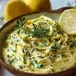 Creamy Lemon Garlic Pasta 6 Creamy lemon garlic pasta with spaghetti, fresh parsley, parmesan cheese, and lemon slices in a white bowl.