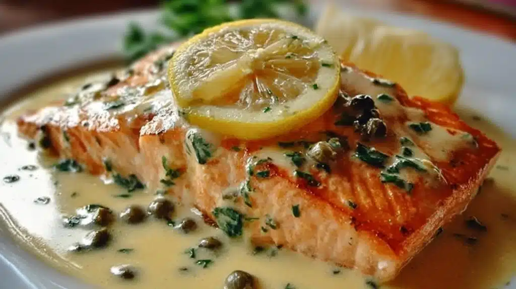 Lemon garlic salmon piccata topped with capers in a light buttery sauce