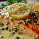 Lemon garlic salmon piccata topped with capers in a light buttery sauce