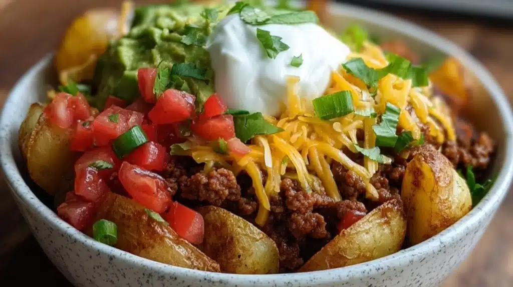 Loaded potato taco bowl with seasoned ground beef, roasted potatoes, cheese, sour cream, lettuce, and taco toppings.