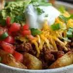 Loaded Potato Taco Bowl 6 Loaded potato taco bowl with seasoned ground beef, roasted potatoes, cheese, sour cream, lettuce, and taco toppings.