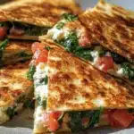 Easy Mediterranean Quesadillas 6 Mediterranean quesadillas filled with chicken, cheese, vegetables, and herbs in a grilled tortilla.