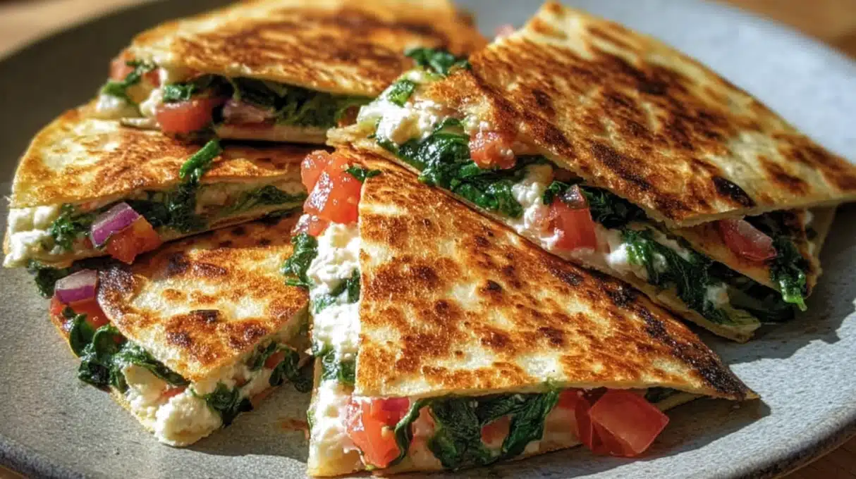 Easy Mediterranean Quesadillas 4 Mediterranean quesadillas filled with chicken, cheese, vegetables, and herbs in a grilled tortilla.