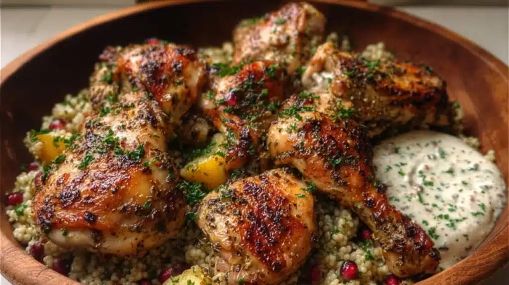 Middle Eastern zaatar yogurt chicken marinated in spices and yogurt, baked until golden