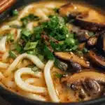 Miso Udon Noodle Soup with Teriyaki Mushrooms 6 Miso udon noodle soup with thick udon noodles, teriyaki-glazed mushrooms, green onions, and a rich, savory broth in a bowl.
