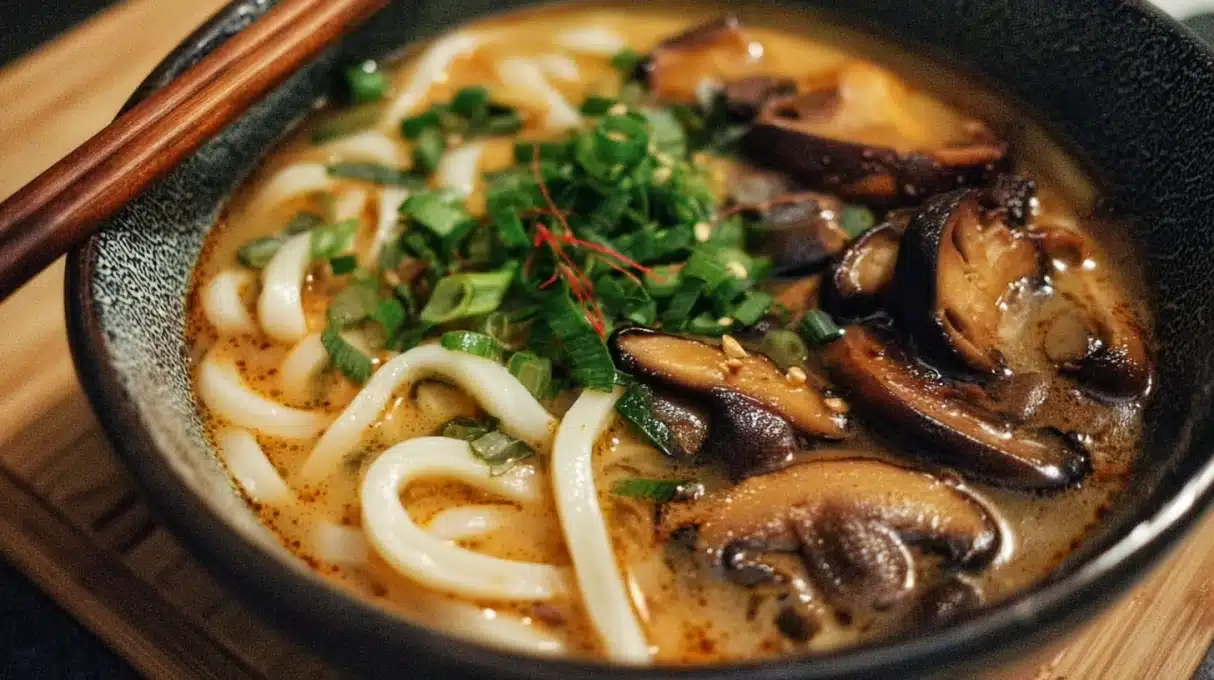 Miso Udon Noodle Soup with Teriyaki Mushrooms 4 Miso udon noodle soup with thick udon noodles, teriyaki-glazed mushrooms, green onions, and a rich, savory broth in a bowl.