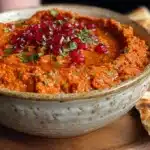 Muhammara: Quick and Easy 6 Muhammara dip made with roasted red peppers, walnuts, olive oil, and spices in a bowl