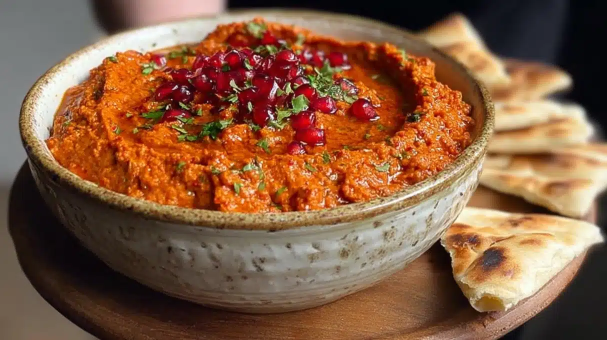 Muhammara: Quick and Easy 4 Muhammara dip made with roasted red peppers, walnuts, olive oil, and spices in a bowl