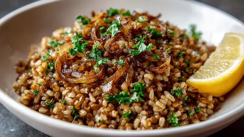Mujadara made with lentils, rice, and caramelized onions served in a bowl