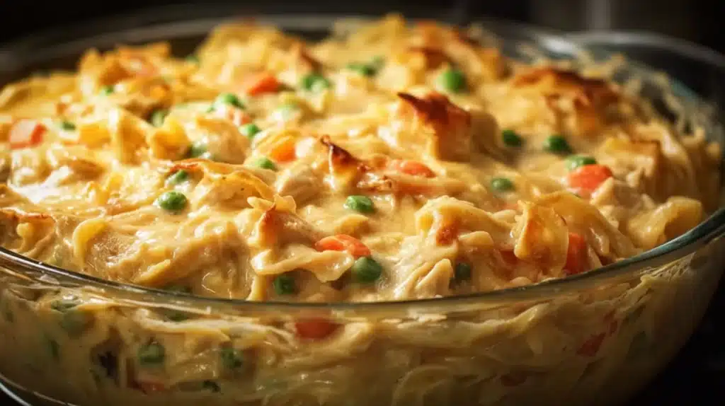 Creamy Noodle Chicken Pot Pie Casserole with egg, vegetables, and a golden baked topping.