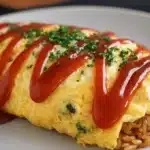 Omurice Japanese omelette rice with fluffy eggs wrapped around ketchup fried rice, topped with ketchup and herbs on a plate.